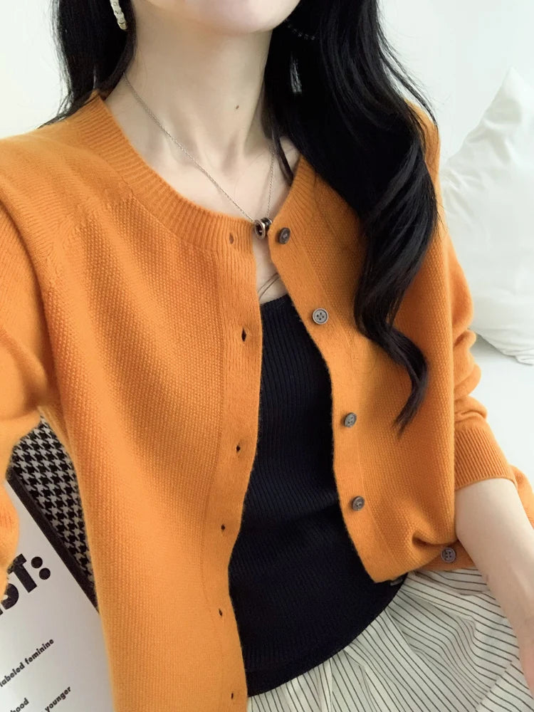 100% Merino Wool Knitwear Autumn Winter Grace Solid Color Basics Cardigan Soft Warm Casual O-Neck Sweater Woman Clothing Tops