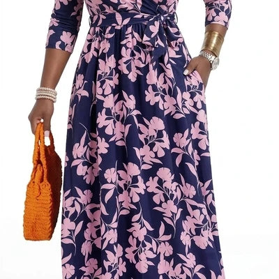 Plus Size Women's Pullover Sexy V Neck  3/4 Sleeve  Loose Long for Women Fashion Printed Summer  Casual Maxi Dresses With Pocket