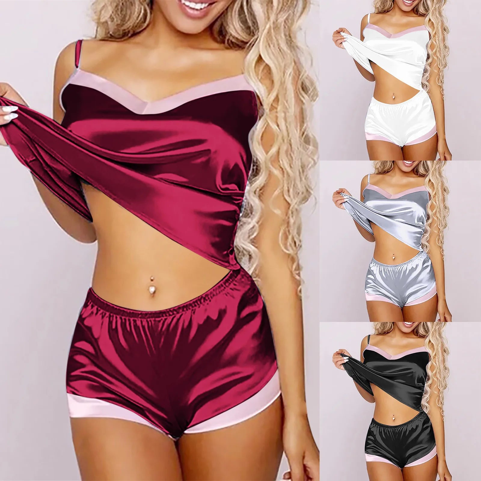 Summer Fashion Ice Silk Satin Women's Pajama Sexy Strap Shorts Set V-neck Thin  Two Piece Set Home Clothing Set