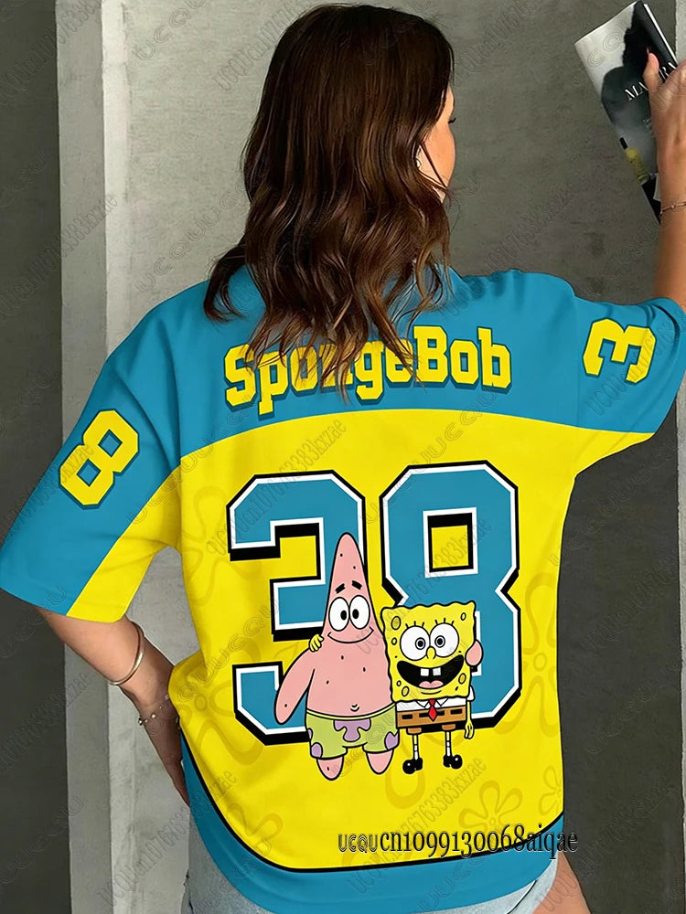 Cartoon SpongeBob Print T-shirts For Women Summer V-Neck Patchwork Short Sleeve Sports Football Jersey Y2K Loose Oversized Tops