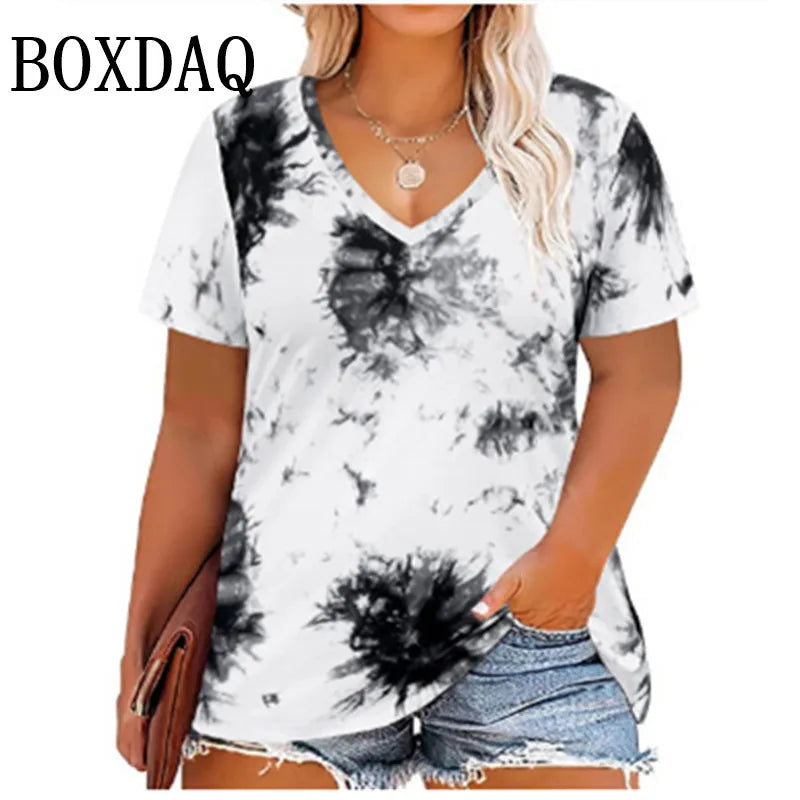 Trendy Plus Size Women's Tie-Dye V-Neck T-Shirt Fashion Short Sleeve Loose Pullover Tops For Casual Summer Wear Large Size Tees