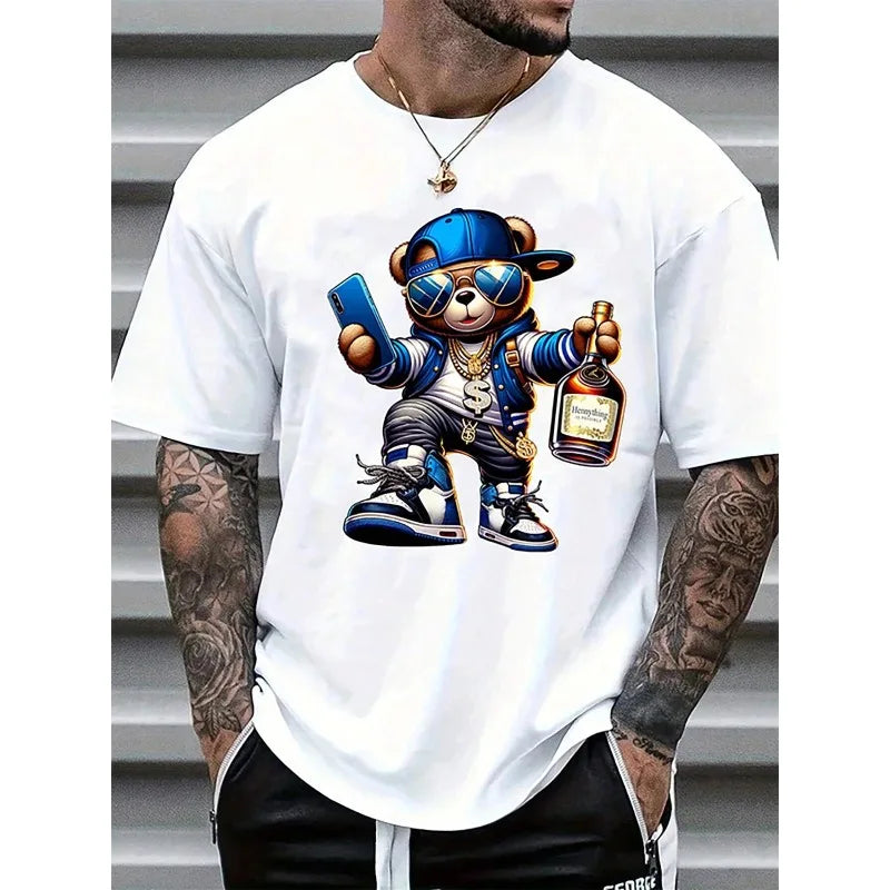 Men's Summer 100% Cotton Fashionable Casual Loose Large Size Cartoon  Printed Sports Round Neck Short Sleeve T-shirt Top