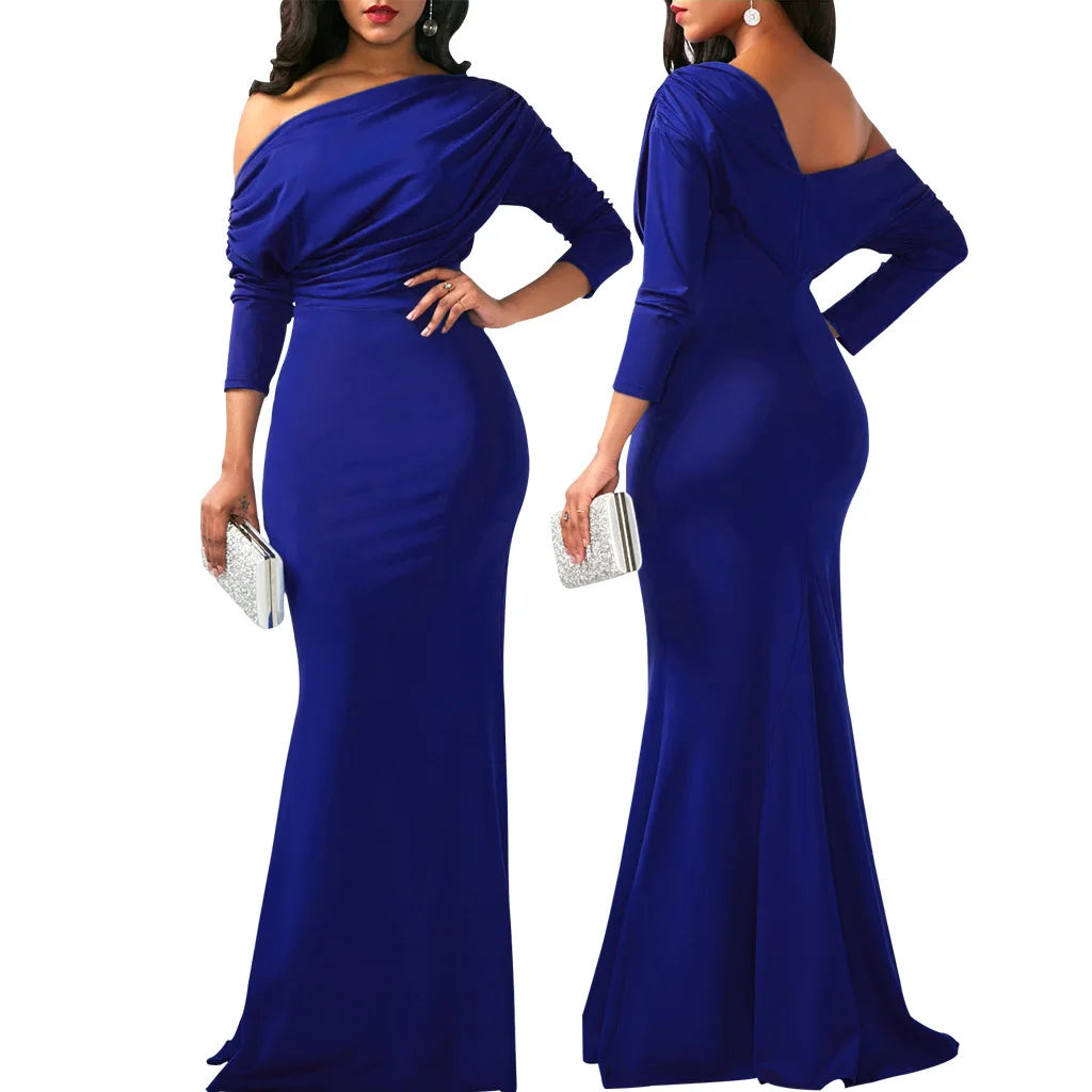 Sexy Fashionable Asymmetrical Shoulder Women's Dress with Slight Creasing on Chest Independent Station 2025 Long Evening Gown