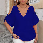 2025 Summer Women's T Shirt Elegant Wave V-Neck Off-Shoulder Short-Sleeved Fashion Tops Casual Solid Color Plus Size Female Tops