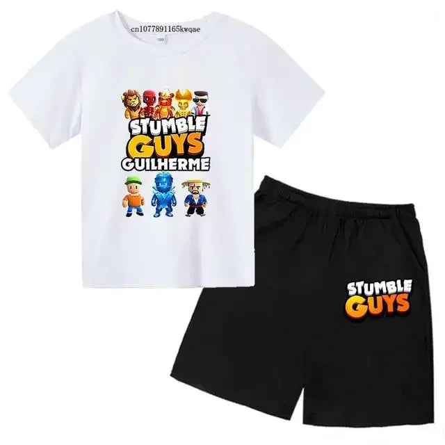 Summer 2pcs Guys Short Sleeve T-shirts+Pants Suits 3-13 Years Boys Girls Outfits Children  Kids Funny Game Print Stumble Clothes