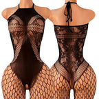 Lace Bra One-Piece Set Crotchless Lingerie Women's Curve Jumpsuit Hot Open Bras Body Stockings Halter Neck See-through Underwear