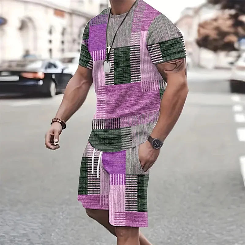 2024 Fashion Men's Sportswear Short Sleeve T Shirt And Sports Shorts Summer Casual Vintage Patchwork Suit Men's Two Piece Suit