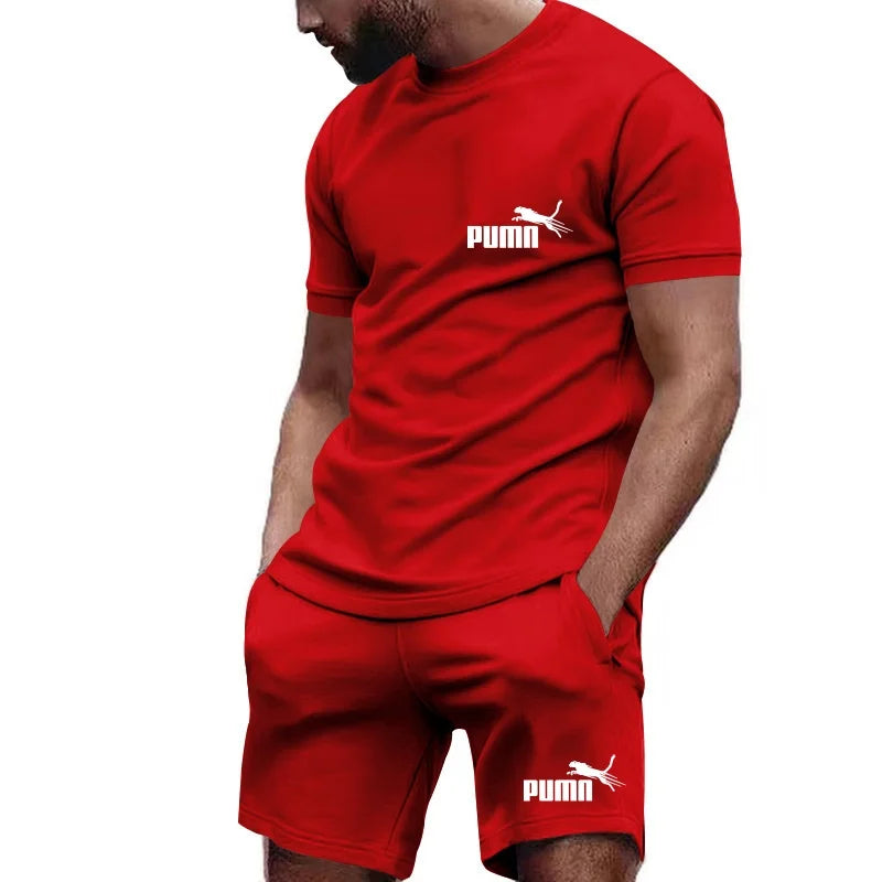 2026 new summer men's T-shirt+shorts set printed fashionable casual round neck pullover breathable running sports shorts