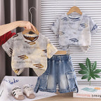New Baby Boys Girls Summer Clothes Sets Kids Infant Letter T shirt + Denim Shorts 2pcs/sets Children Clothing Tracksuits Set