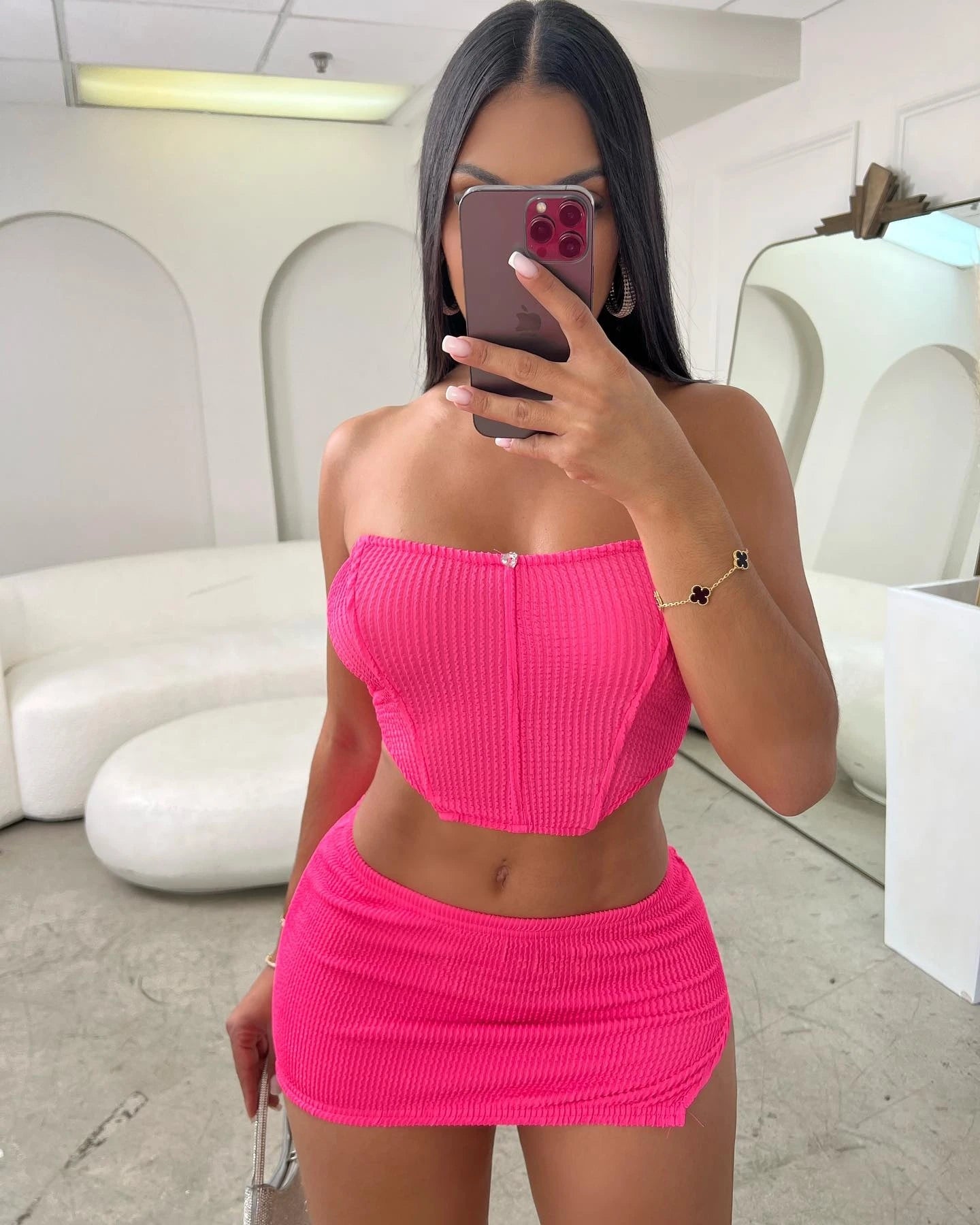 Women's sexy fishbone top slim slit short skirt fashion set short skirt two-piece set