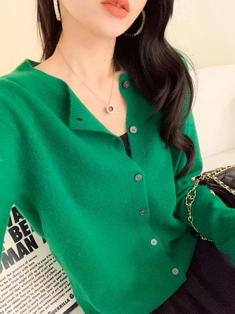 100% Merino Wool Knitwear Autumn Winter Grace Solid Color Basics Cardigan Soft Warm Casual O-Neck Sweater Woman Clothing Tops