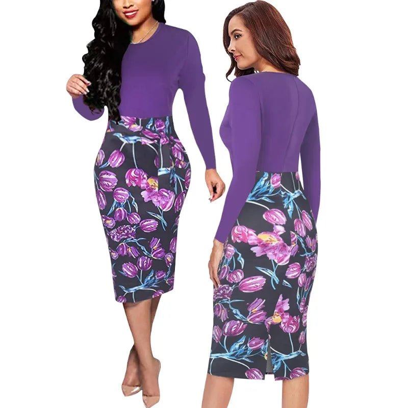 Fashionable printed long sleeved dress, European and American style color matching women's bag custom flower bud