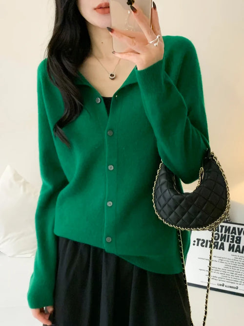 100% Merino Wool Knitwear Autumn Winter Grace Solid Color Basics Cardigan Soft Warm Casual O-Neck Sweater Woman Clothing Tops