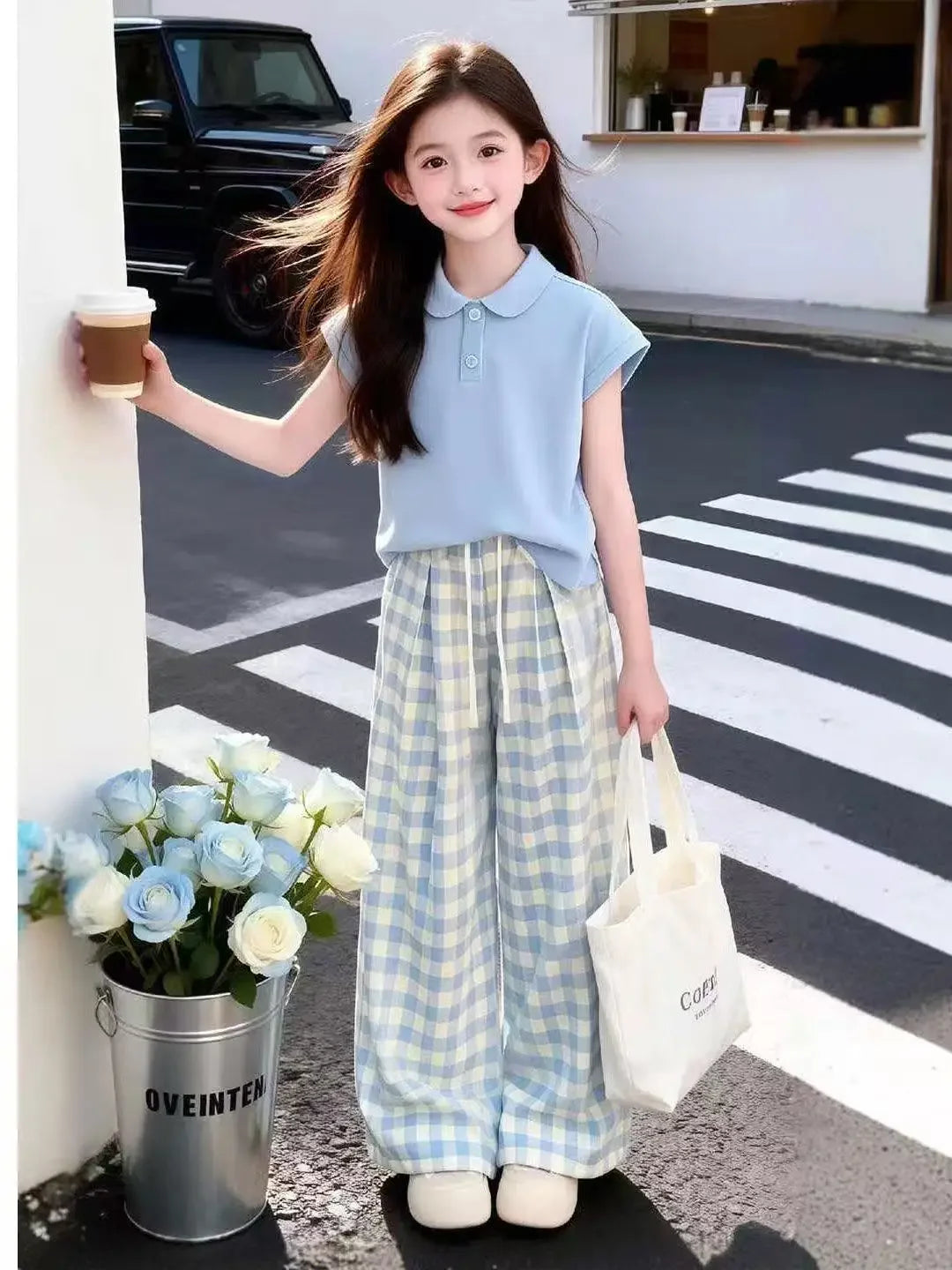 90-165cm Girls Summer 2 Piece Set,  Wide Leg Pants, Casual Kids Outfit for Teen Girls