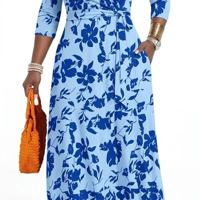 Plus Size Women's Pullover Sexy V Neck  3/4 Sleeve  Loose Long for Women Fashion Printed Summer  Casual Maxi Dresses With Pocket