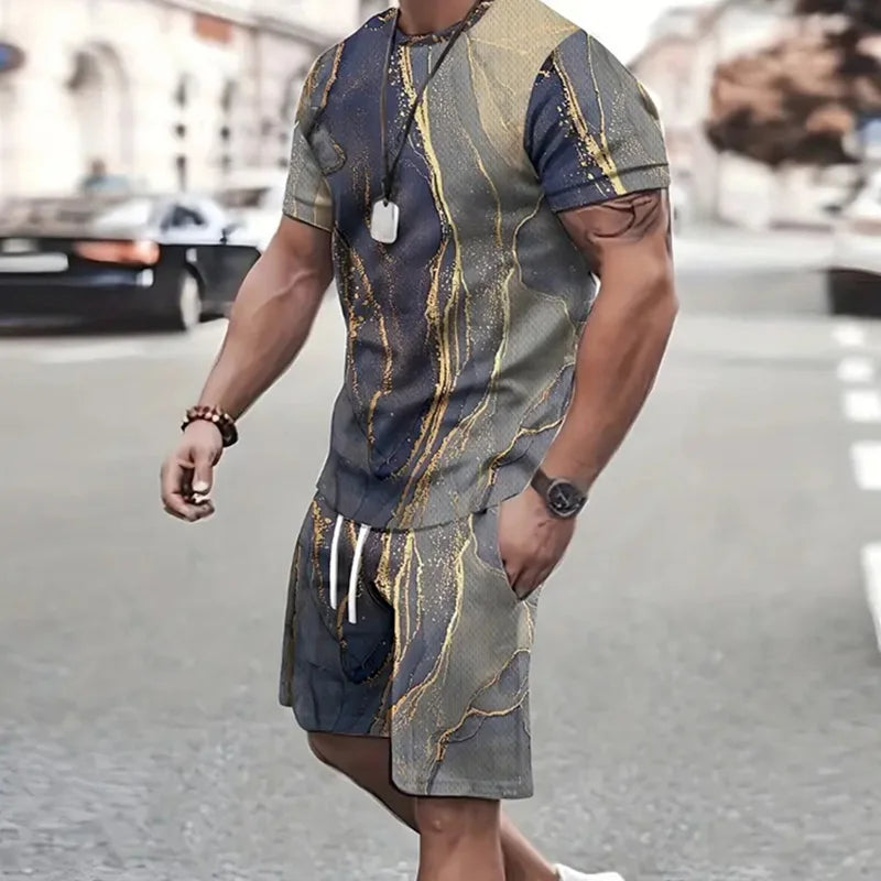 2024 Fashion Men's Sportswear Short Sleeve T Shirt And Sports Shorts Summer Casual Vintage Patchwork Suit Men's Two Piece Suit