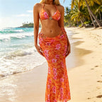 Vigorashely 2026 Print Tied Halter 3 Piece Bikini Set Swimsuit Women Beach High Waist Swimwear Lady Mesh Long Skirt Bathing Suit