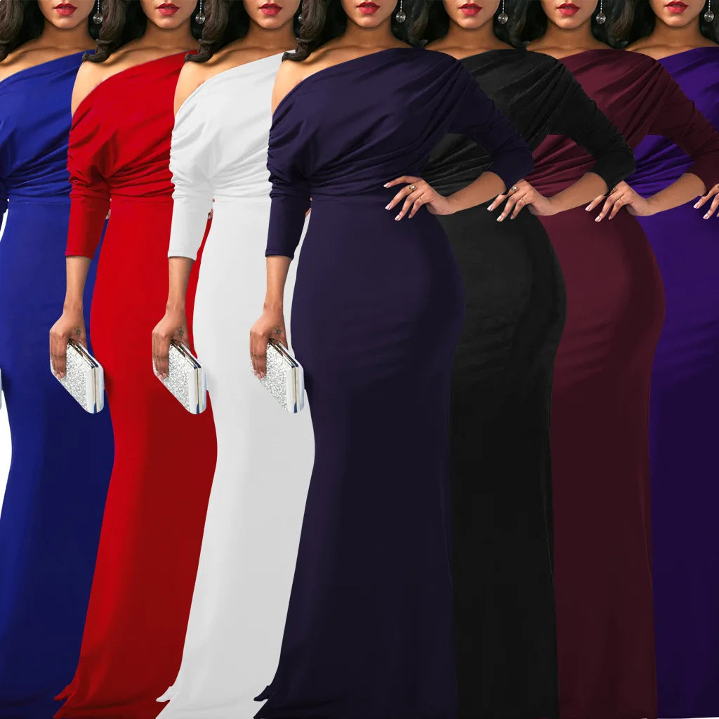 Sexy Fashionable Asymmetrical Shoulder Women's Dress with Slight Creasing on Chest Independent Station 2025 Long Evening Gown