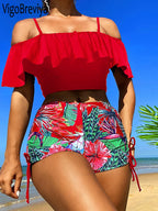 VigoBreviya 2026 Print Off Shoulder Strapped Swimwear Women Push Up High Waist Bikini Sexy Backless Swimsuit Summer Bathing Suit