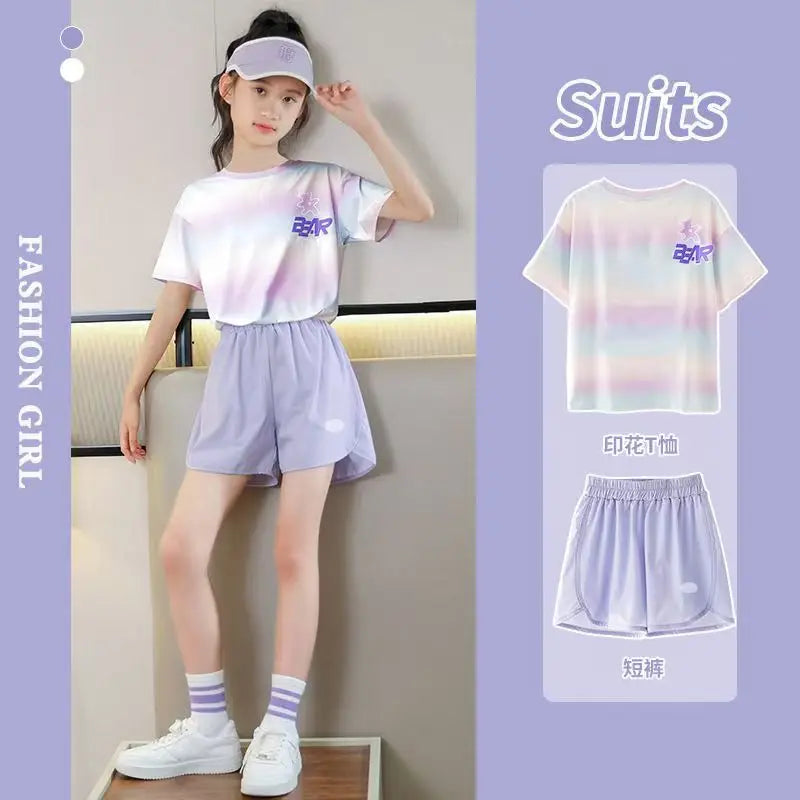 Korean Summer 2pcs green Set 2025 leisure girl Children t-shirt shorts kids clothes boys set