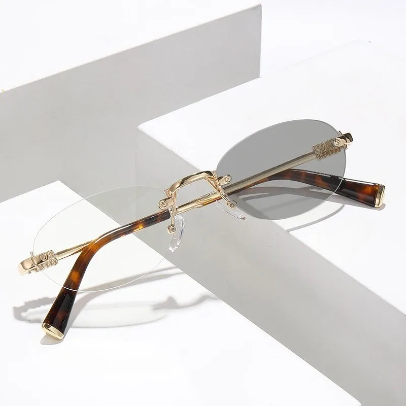 Fashion Women Rimless Photochromic Sunglasses Oval Metal Frame Transition Lens UV400 Protective Elegant Eyewear