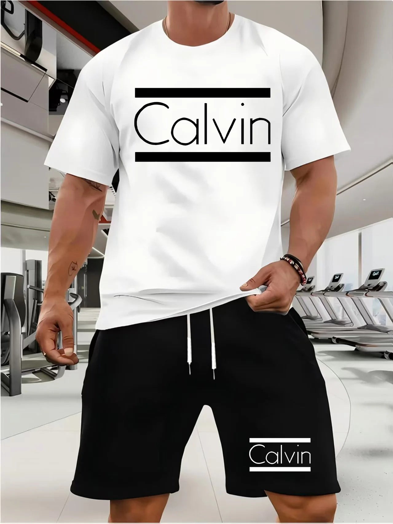 CALVIN summer men women new casual sports suit Fashion breathable outdoor short-sleeved T-shirt + training shorts two-piece set