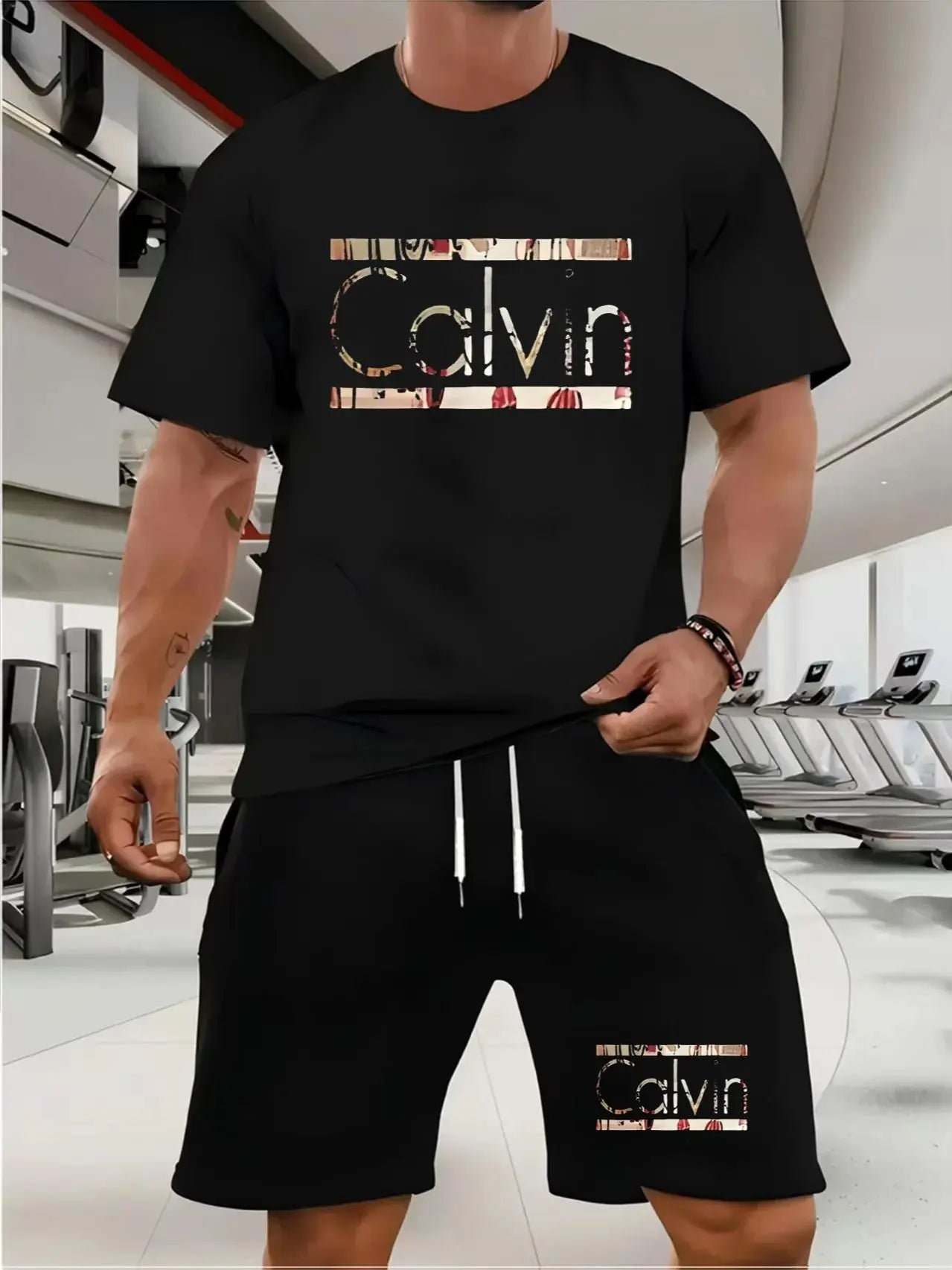 calvin  Men's new fashion summer sports printing crew-neck Mesh surface T-shirt shorts short-sleeved suit Loose two-piece set