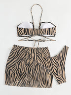 Vigorashely 2025 Sexy Leopard 3 Piece Mesh Skirt Bikini Set Women Swimsuit Halter Push UP Swimwear Backless Summer Bathing Suit