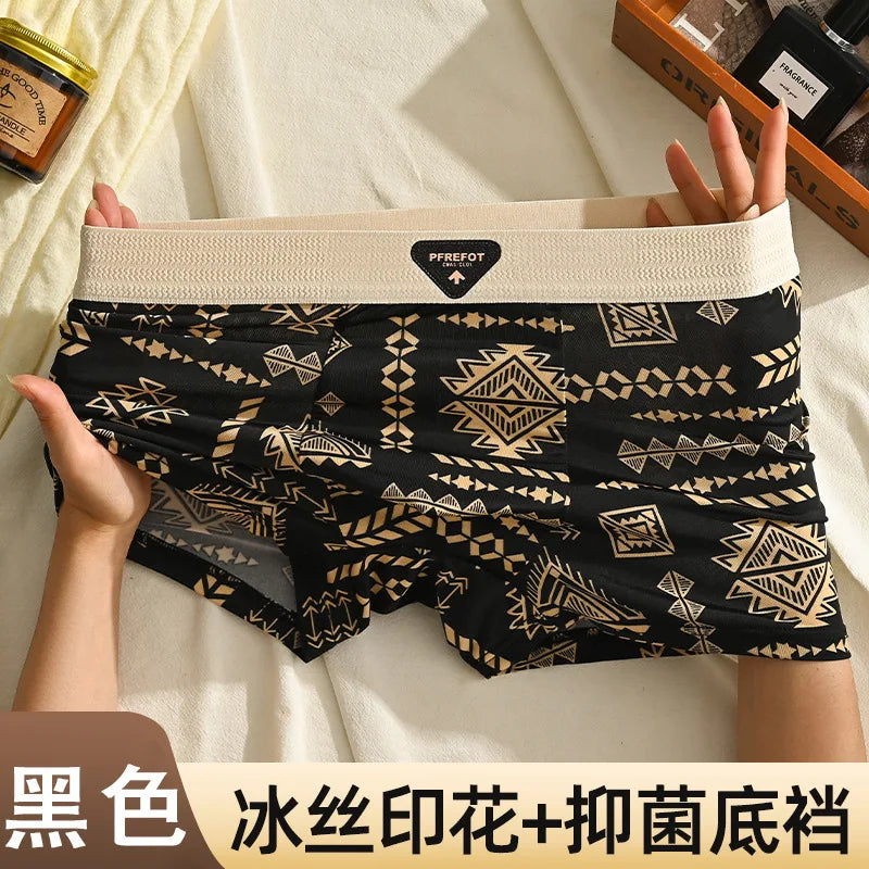Underwear Man 2025 ice silk screen printed antibacterial breathable boxer shorts four-corner men's cheap clothing