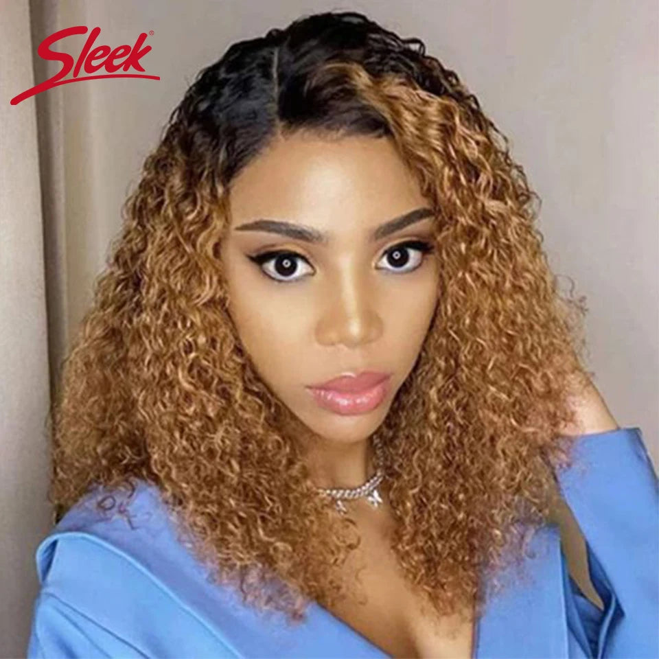 Sleek Brazilian Water Remy Deep Curly Hair Bob Wigs Natural Black Color T Lace Front Part Bob Wigs 200% Density Ombre T1B/27 Wig