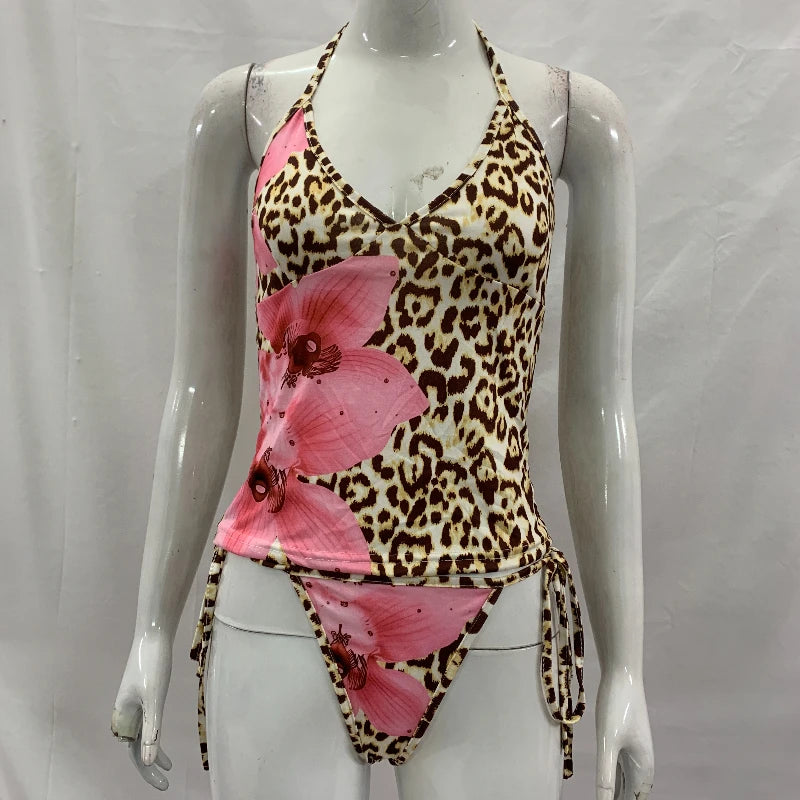 Women's Leopard Print Tankini Set V-Neck High-Waisted Swimsuit Two-Piece Simple Design New Series 2026