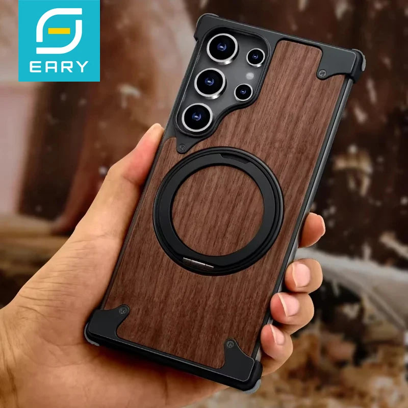 Eary Luxury Wood Frameless Case for Samsung Galaxy S25 S24 Ultra 360°Rotatable Magnetic Ring Stand Shockproof Bumper Phone Cover