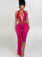 Weird Puss Ribbon Halter Romper Women Backless Patchwork Sleeveless Elastic Workout Activewear Midnight Activity Slim Playsuits