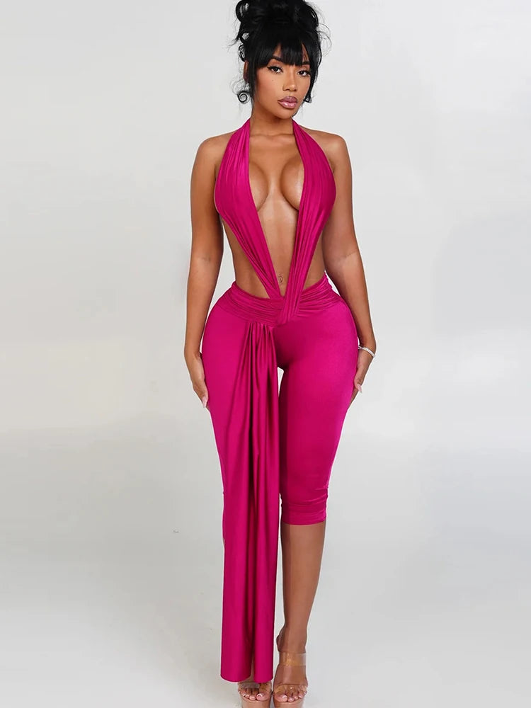 Weird Puss Ribbon Halter Romper Women Backless Patchwork Sleeveless Elastic Workout Activewear Midnight Activity Slim Playsuits