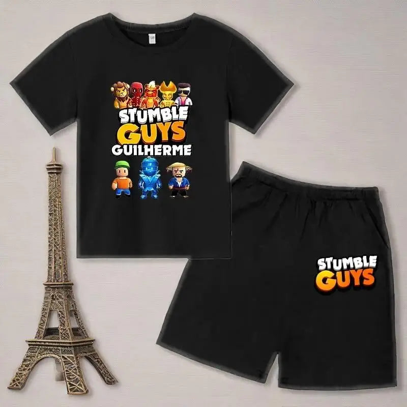 Summer 2pcs Guys Short Sleeve T-shirts+Pants Suits 3-13 Years Boys Girls Outfits Children  Kids Funny Game Print Stumble Clothes