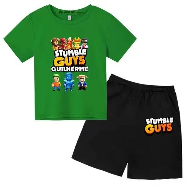 Summer 2pcs Guys Short Sleeve T-shirts+Pants Suits 3-13 Years Boys Girls Outfits Children  Kids Funny Game Print Stumble Clothes