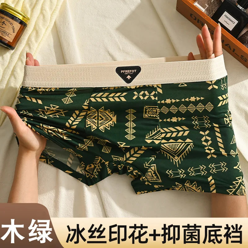 Underwear Man 2025 ice silk screen printed antibacterial breathable boxer shorts four-corner men's cheap clothing