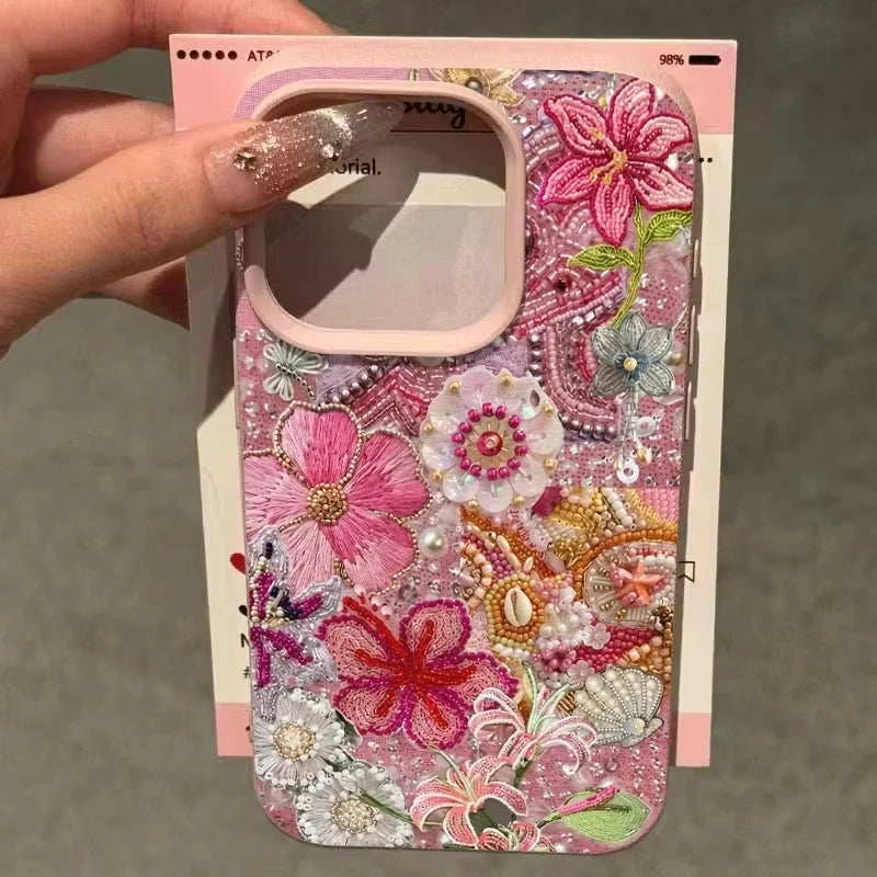 Floral And Beaded Patchwork Design Phone Case For iPhone 17 Pro Max 16 Plus 15 Pro 14 13 12 11 XR XS 17Air Soft Cover