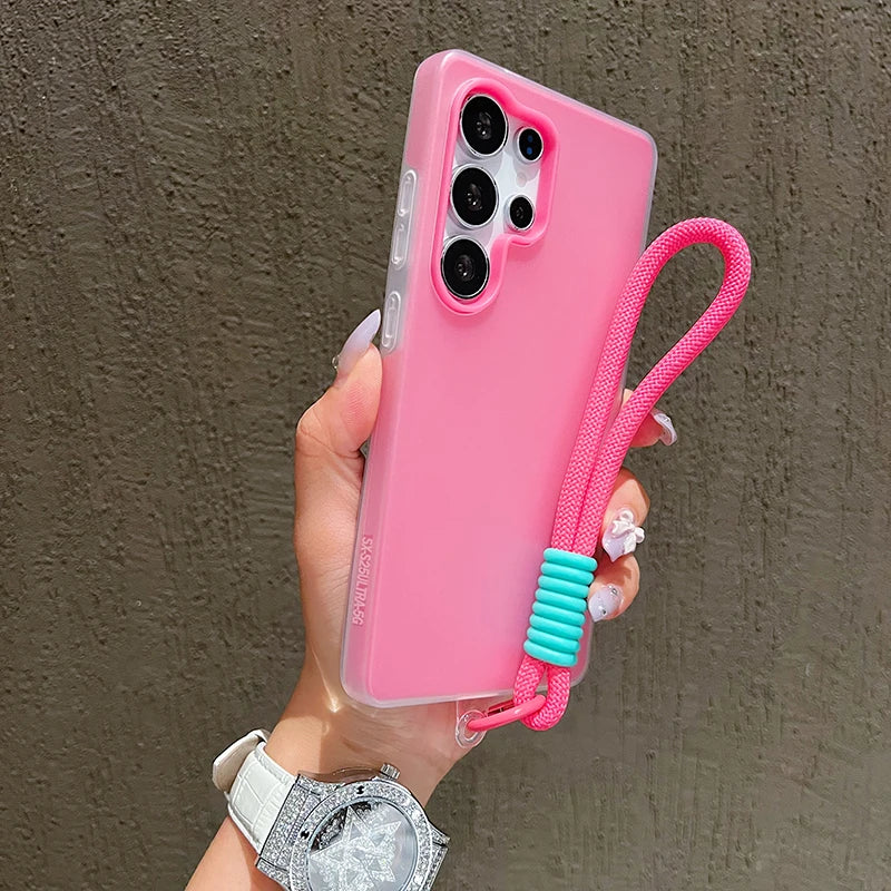 2in1 With Wrist Strap Lanyard Jelly Phone Case For Samsung Galaxy S26 S25 S24 S23 S22 Ultra Plus FE A26 A35 A54 A16 Solid Cover