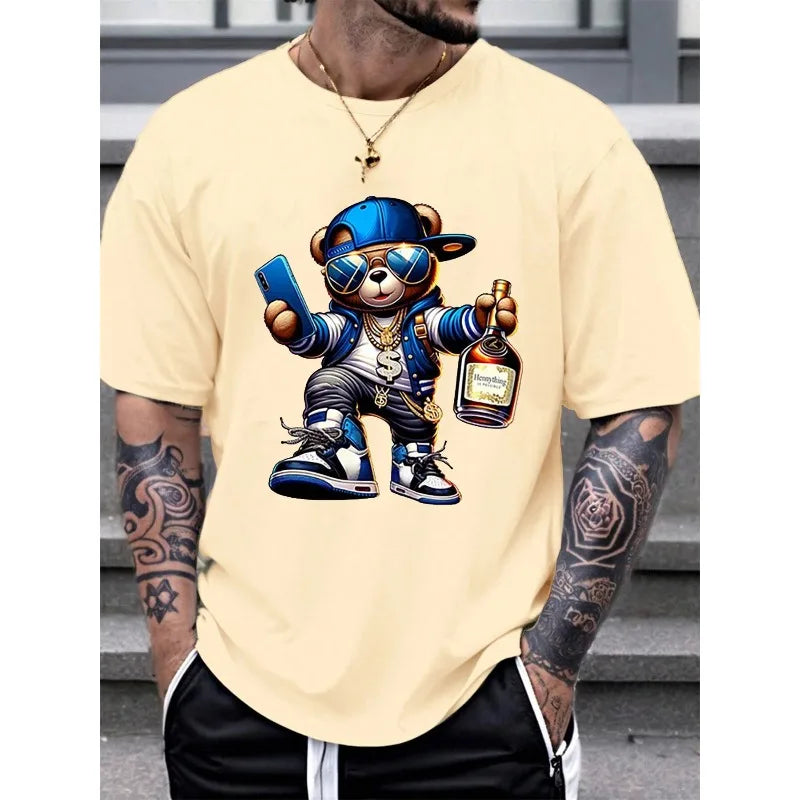 Men's Summer 100% Cotton Fashionable Casual Loose Large Size Cartoon  Printed Sports Round Neck Short Sleeve T-shirt Top