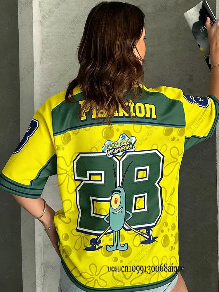 Cartoon SpongeBob Print T-shirts For Women Summer V-Neck Patchwork Short Sleeve Sports Football Jersey Y2K Loose Oversized Tops