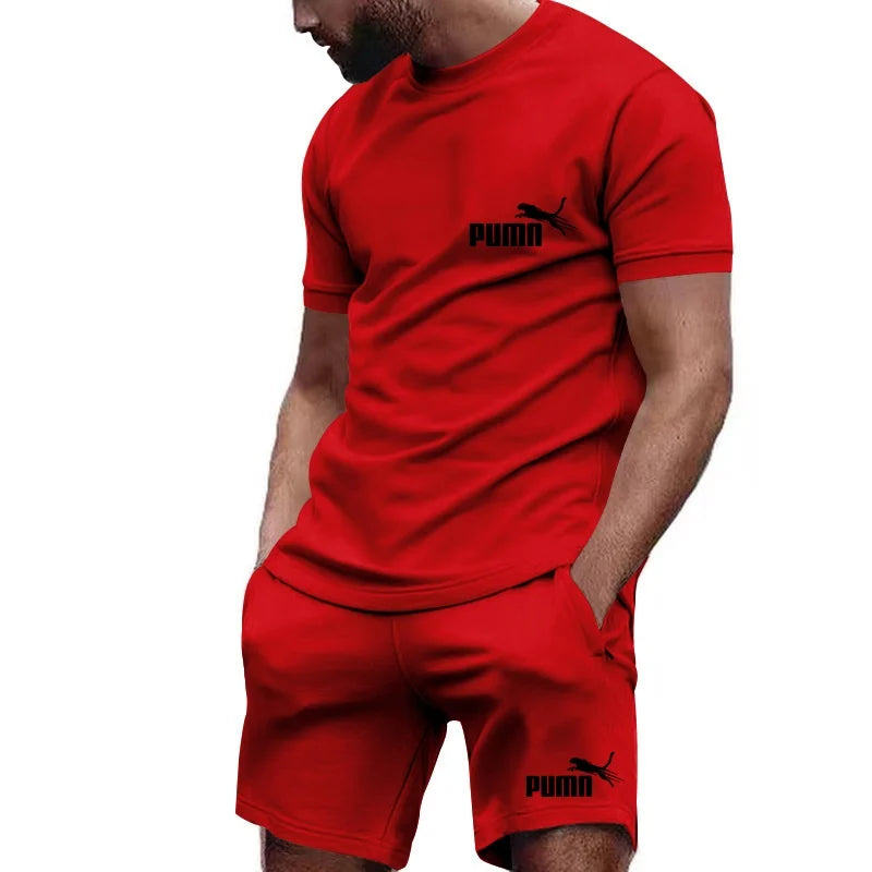 2026 new summer men's T-shirt+shorts set printed fashionable casual round neck pullover breathable running sports shorts