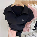Summer Short Sleeve T-Shirt Women's Butterfly Embroidery Polo Collar Short Style Fashionable Top Cotton Material Flip Collar