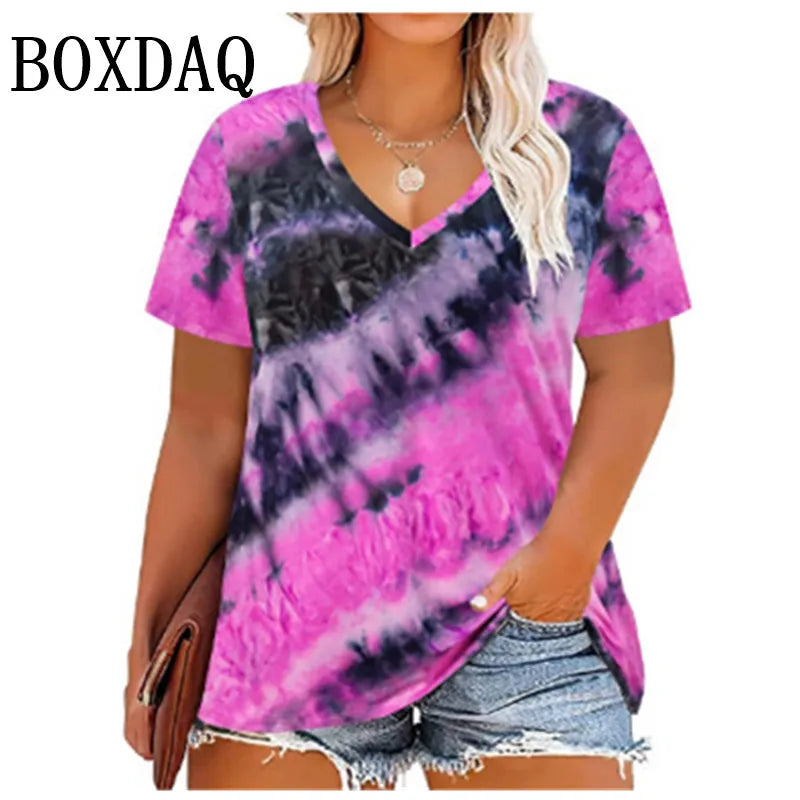 Trendy Plus Size Women's Tie-Dye V-Neck T-Shirt Fashion Short Sleeve Loose Pullover Tops For Casual Summer Wear Large Size Tees
