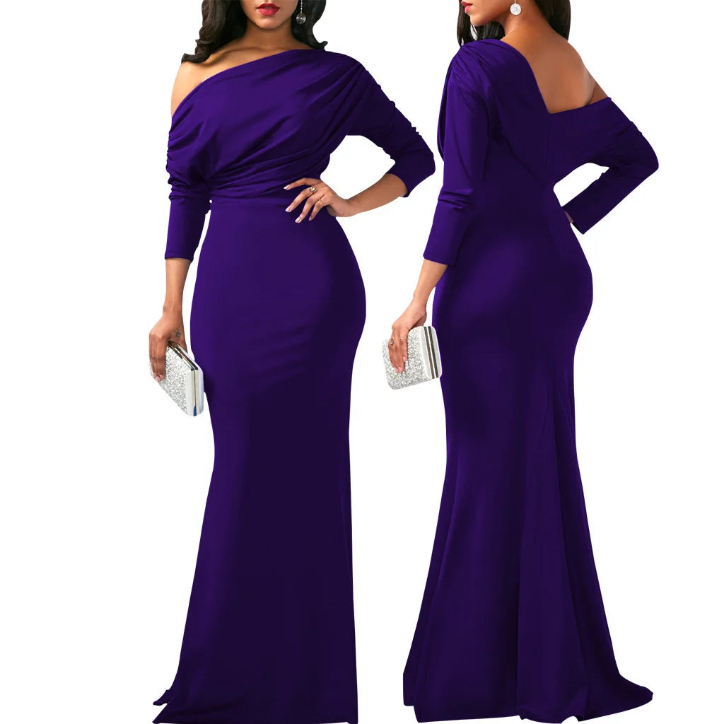 Sexy Fashionable Asymmetrical Shoulder Women's Dress with Slight Creasing on Chest Independent Station 2025 Long Evening Gown