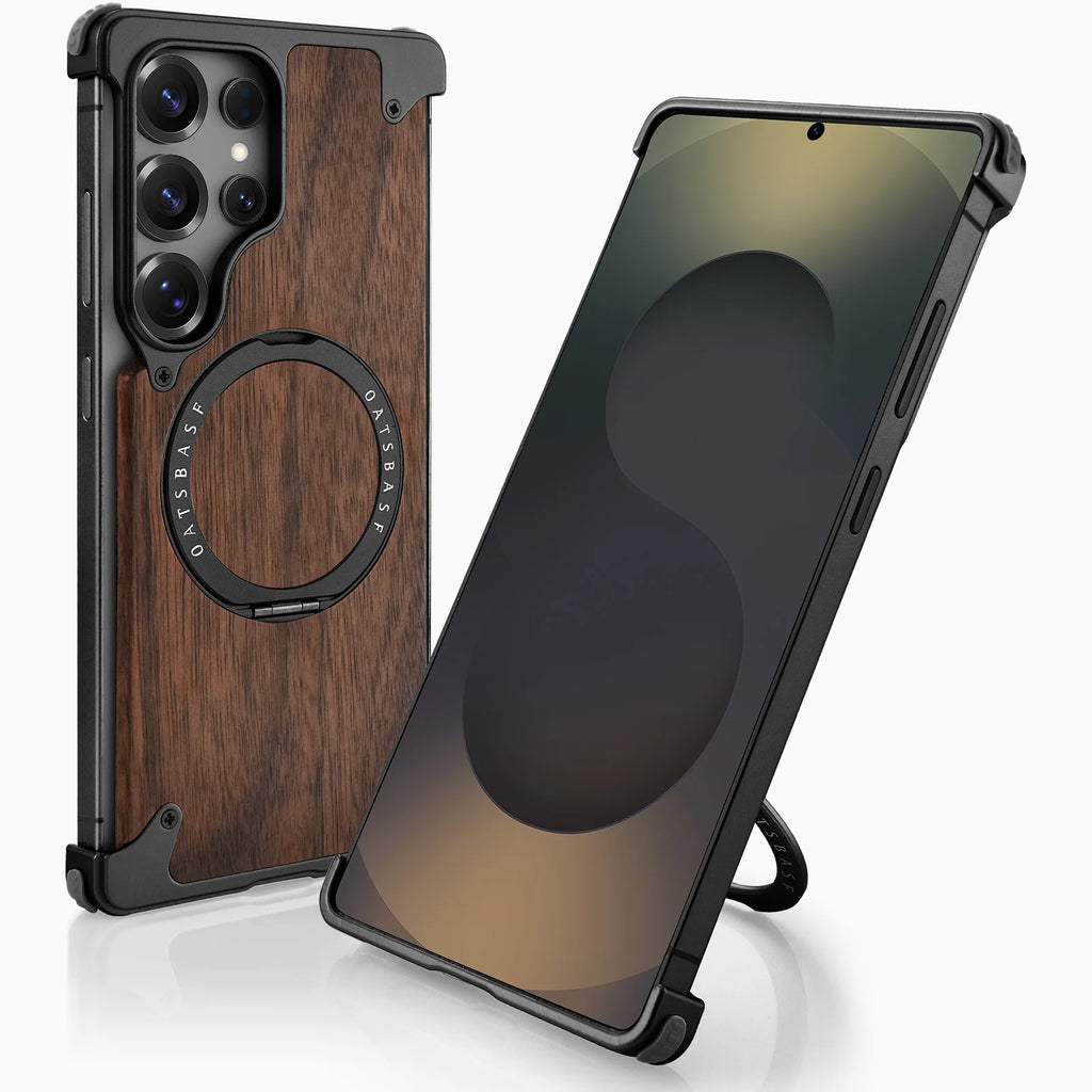 Eary Luxury Wood Frameless Case for Samsung Galaxy S25 S24 Ultra 360°Rotatable Magnetic Ring Stand Shockproof Bumper Phone Cover
