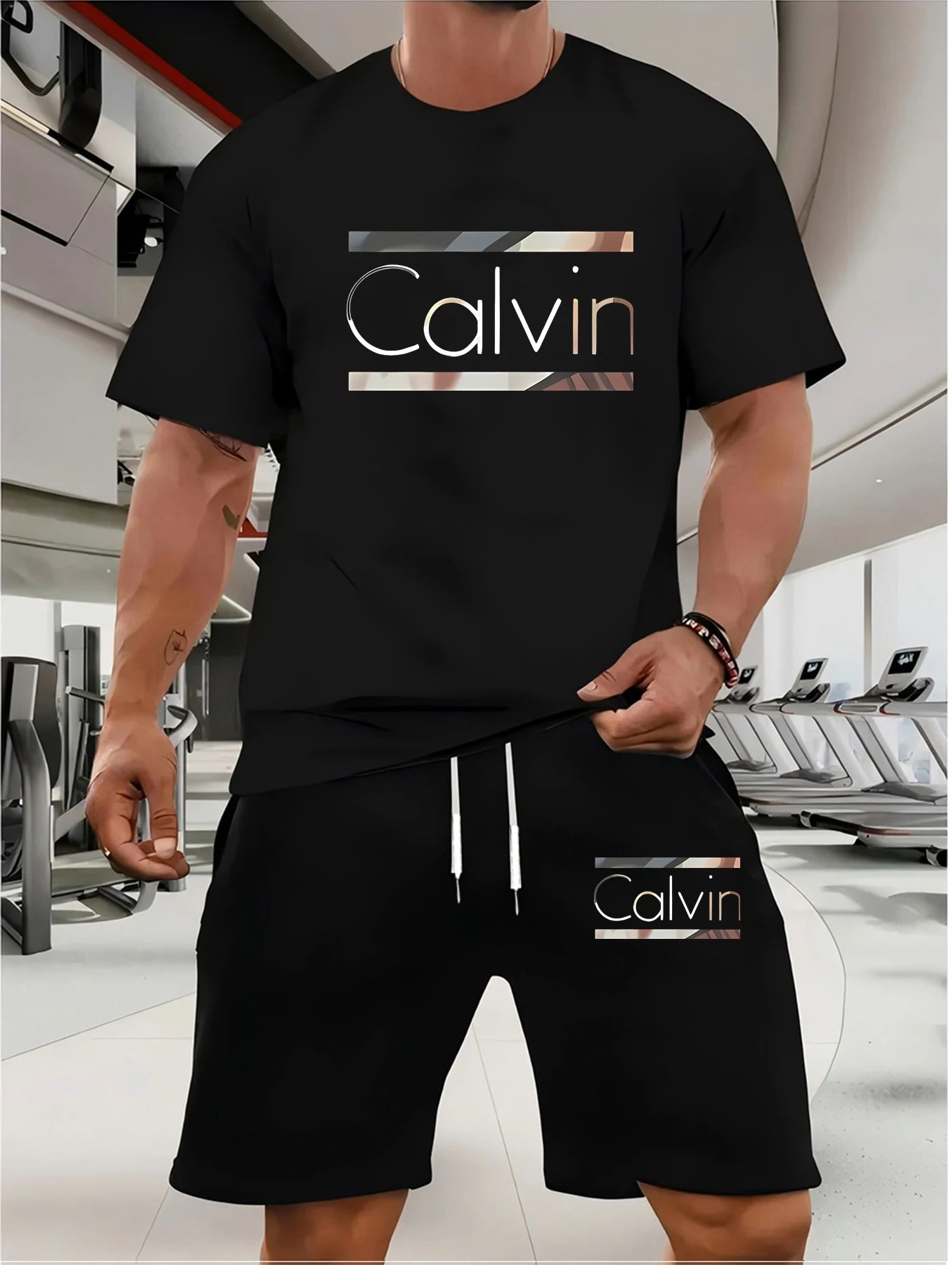 CALVIN summer men women new casual sports suit Fashion breathable outdoor short-sleeved T-shirt + training shorts two-piece set