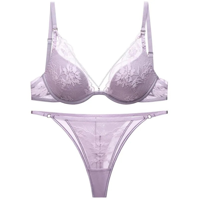 Logirlve French Thin Women Lingerie Set Sexy Satin Lace Splicing Comfort Bras Print Temptation Bra and Thong Sets Underwear