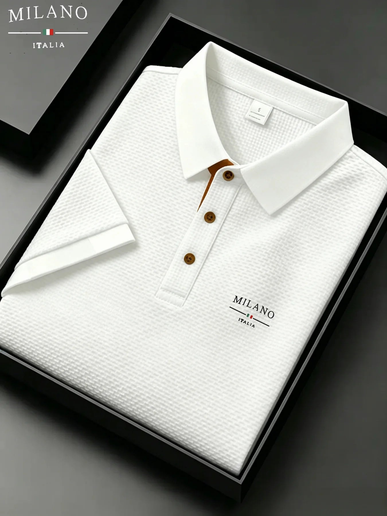 mens milano italia letter jacquard polo shirt breathable quick dry fabric casual business outdoor daily short sleeve top