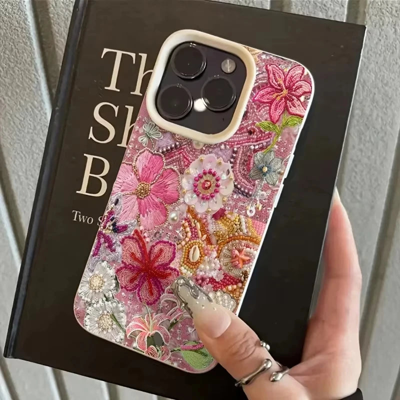 Floral And Beaded Patchwork Design Phone Case For iPhone 17 Pro Max 16 Plus 15 Pro 14 13 12 11 XR XS 17Air Soft Cover